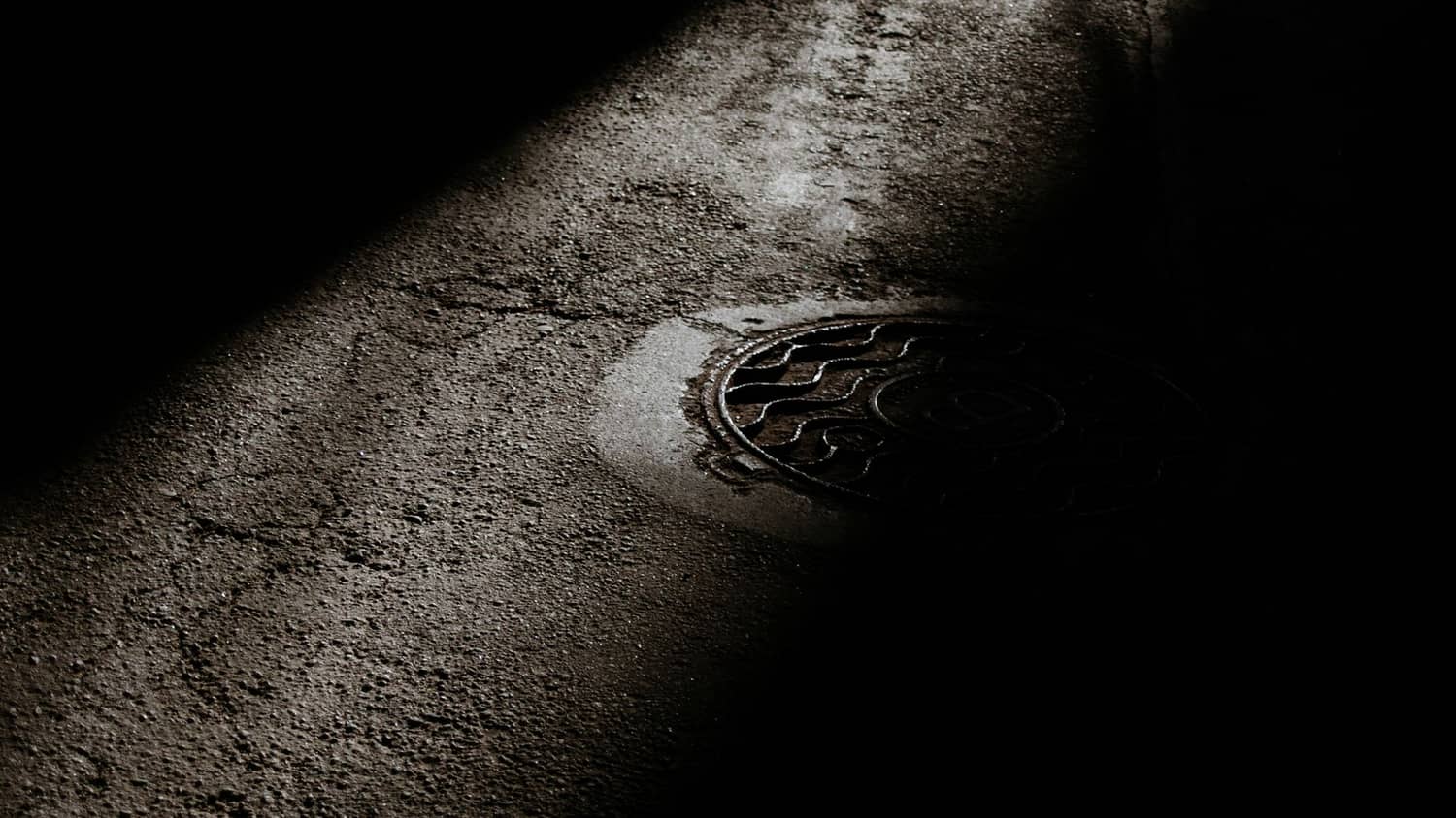 A manhole cover set into wet asphalt.